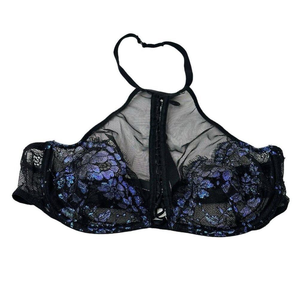 Victoria's Secret Bralette S Black Shimmer Lace Unlined High Neck Coquette Fairy